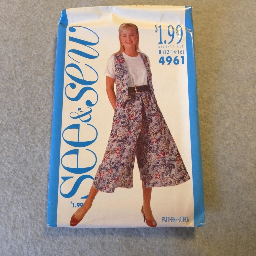 See&Sew‎ Butterick Pattern 4961 Size B 12-16,Vest & Culottes, Vintage 1990 Uncut
